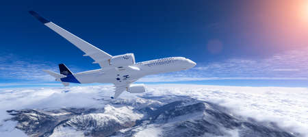 Hydrogen filled H2 Airplane flying in the sky - future H2 energy concept. 3d renderingの写真素材
