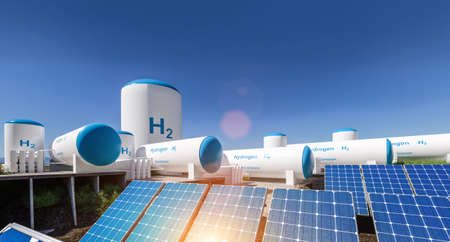 Hydrogen renewable energy production - hydrogen gas for clean electricity solar and windturbine facility. 3d rendering.の写真素材