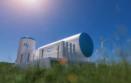 Hydrogen renewable energy production - hydrogen gas for clean electricity solar and windturbine facility. 3d rendering.の写真素材