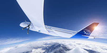 Hydrogen filled H2 propeller Airplane flying in the sky - future H2 energy concept. 3d renderingの写真素材
