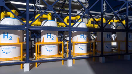 Hydrogen renewable energy production - hydrogen gas for clean electricity solar and windturbine facility. 3d rendering.の写真素材