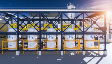 Hydrogen renewable energy production - hydrogen gas for clean electricity solar and windturbine facility. 3d rendering.の写真素材