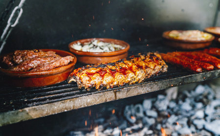 close up shot of a mediterranean bbq barbecue grill full with fresh meat and healthy vegetarian...