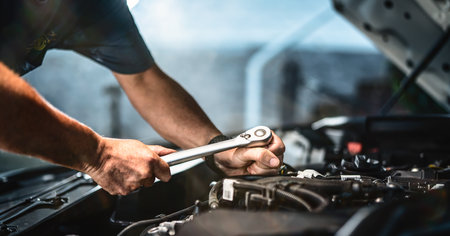 Auto mechanic working on car engine in mechanics garage. Repair service. authentic close-up shot - selective focus with motion blurの写真素材