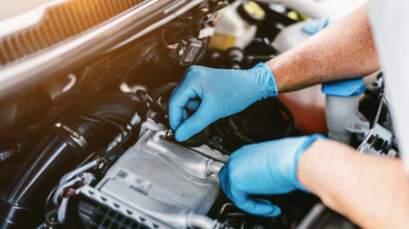 Auto mechanic working on car engine in mechanics garage. Repair service. authentic close-up shot - selective focus with motion blurの写真素材