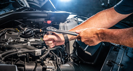 Auto mechanic working on car engine in mechanics garage. Repair service. authentic close-up shot -...