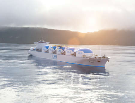 LNG - Liquified natural gas tanker with gas tanks powered with h2 hydrogen engines on the ocean, essentail deliver LNG. selective focus. 3d renderingの写真素材