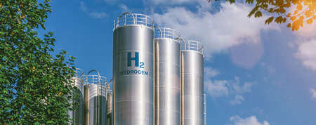 Hydrogen renewable energy production - hydrogen gas for clean electricity solar and wind turbine facility.の写真素材