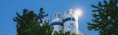 Hydrogen renewable energy production - hydrogen gas for clean electricity solar and wind turbine facility.の写真素材