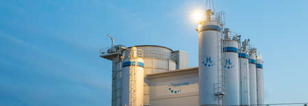 Hydrogen renewable energy production - hydrogen gas for clean electricity solar and wind turbine facility.の写真素材