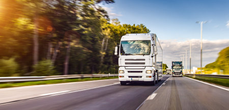 Cargo truck with cargo trailer driving on a highway. White truck delivers goods in early hours of the morning - very low angle drive thru close up shot.の写真素材