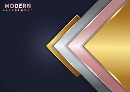 Abstract modern golden, pink gold, silver triangle overlapping layered on dark blue background with lighting effect. Luxury style. Vector illustrationのイラスト素材