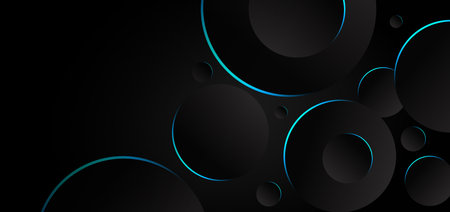 Abstract black and gray circles overlapping background blue neon border. Technology concept. Vector...