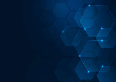 Abstract technology futuristic hexagon overlapping pattern with blue light effect on dark blue background. Vector illustrationのイラスト素材