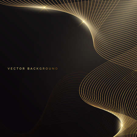 Abstract shiny gold waves lines with light effect on black background Luxury concept. Vector illustrationのイラスト素材