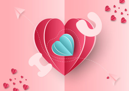 Valentine's day background. Hearts pink and blue papaer cut card on blue background. Decor plane...