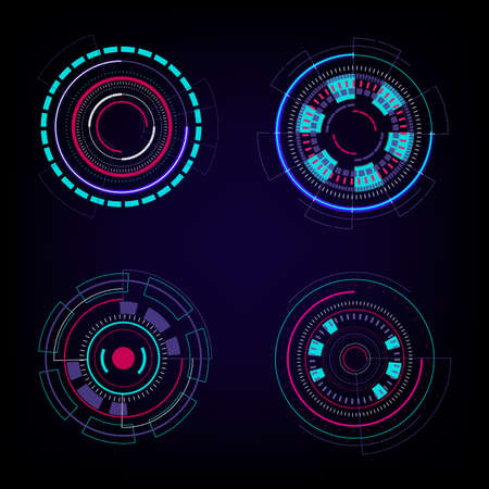 Set of HUD circles technology circles elements on dark blue background. Abstract Futuristic Technology Background. HUD circle element. Hi-tech communication concept. Vector illustrationのイラスト素材