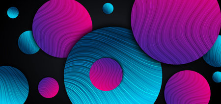 Abstract blue and pink gradient circles overlap with line curved layers design on back background....