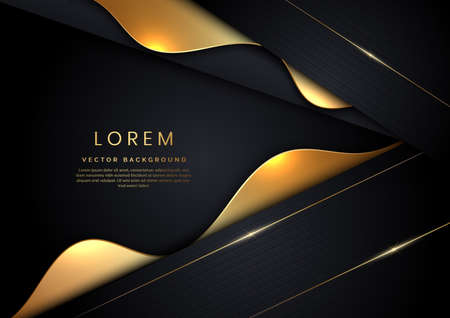 Abstract 3D luxury template shiny black background with lines curved shape overlap golden glowing sparkle. Vector illustrationのイラスト素材