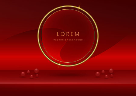 Red studio room background decor circle gold line and scence curve golden overlapping with copy space for display product, promotion display. Vector illustrationのイラスト素材