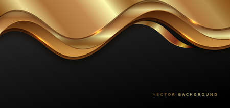 Abstract luxury 3d background gold elegant line on wave shape overlapping on black background with copy space for text. Vector illustrationのイラスト素材