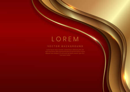 Abstract template elegant 3D golden wave curved overlapping with lighting effect on dark red background with copy space for text. Luxury premium concept. Vector illustrationのイラスト素材