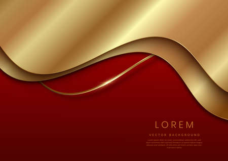 Abstract template elegant 3D golden wave curved overlapping with lighting effect on dark red background with copy space for text. Luxury premium concept. Vector illustrationのイラスト素材