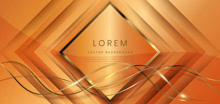 Luxury 3D square shape overlapping diagonal orange background with golden lines curved light spakling. Vector illustrationのイラスト素材