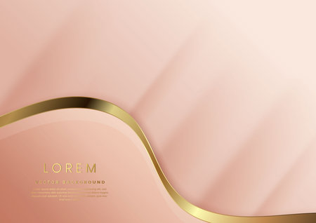 Abstract 3d template rose gold background with gold lines curved wavy sparking with copy space for text. Luxury style. Vector illustrationのイラスト素材