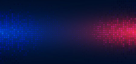 Abstract technology futuristic digital concept square pattern with lighting glowing particles square elements on dark blue and red background. Vector illustrationのイラスト素材