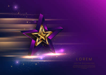 3d golden star with golden on dark blue and purple background with lighting effect and spakle. Template luxury premium award design. Vector illustrationのイラスト素材