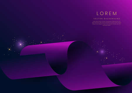 Abstract 3d gold curved ribbon on purple and dark blue background with lighting effect and sparkle with copy space for text. Luxury design style. Vector illustrationのイラスト素材