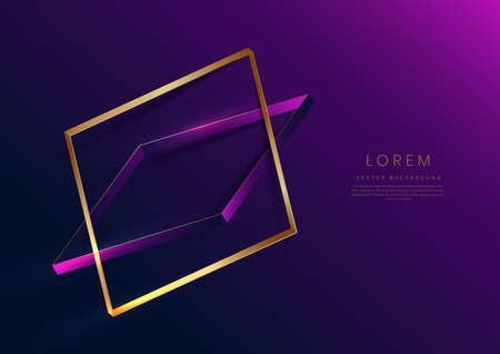 Abstract 3d gold square frame on purple and dark blue background with lighting effect and sparkle with copy space for text. Luxury square frame design style. Vector illustrationのイラスト素材