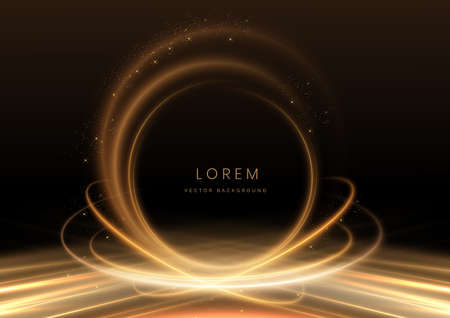Abstract luxury golden circle glowing lines curved overlapping on black background with lighting effect sparkle. Template premium award design. Vector illustrationのイラスト素材