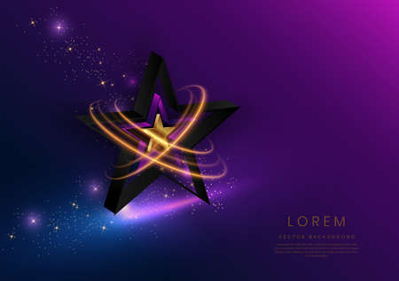 3d golden star with golden on dark blue and purple background with lighting effect and spakle. Template luxury premium award design. Vector illustrationのイラスト素材