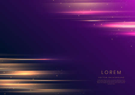 Abstract elegant gold lines horizontal on dark blue and purple background with lighting effect sparkle. Luxury template style with copy space for text. Vector illustrationのイラスト素材