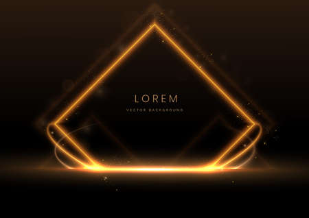 Abstract luxury golden square glowing lines curved overlapping on black background with lighting effect sparkle. Template premium award design. Vector illustrationのイラスト素材