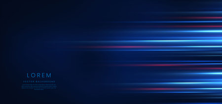 Abstract technology futuristic glowing blue and red  light lines with speed motion blur effect on dark blue background. Vector illustrationのイラスト素材