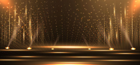 Elegant golden stage vertical glowing with lighting effect sparkle on black background. Template premium award design. Vector illustrationのイラスト素材