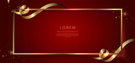 Abstract 3d gold curved ribbon on red background with lighting effect and sparkle with copy space for text. Luxury frame design style. Vector illustrationのイラスト素材
