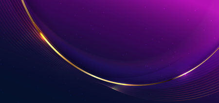 Abstract 3d gold curved line on purple and dark blue background with lighting effect and sparkle with copy space for text. Luxury design style. Vector illustrationのイラスト素材