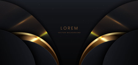 Abstact 3d luxury black curve with border golden curve lines elegant and lighting effect on black background. Vector illustrationのイラスト素材