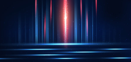 Abstract technology futuristic glowing blue and red light lines with speed motion blur effect on dark blue background. Vector illustrationのイラスト素材