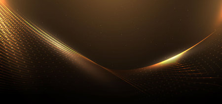 Abstract luxury curve golden lines lighting effect and dust particles on  brown background. Template premium award design. Vector illustrationのイラスト素材