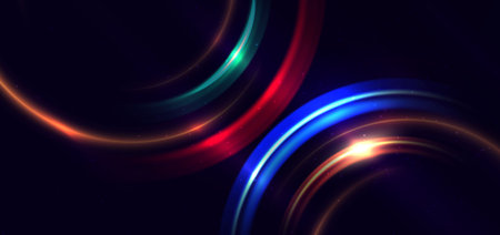 Abstract technology futuristic neon circle glowing blue, green and red light lines with speed motion blur effect on dark blue background. Vector illustrationのイラスト素材