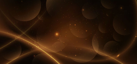 Abstract glowing gold curved lines on dark brown background with lighting effect and sparkle with copy space for text. Luxury design style. Vector illustrationのイラスト素材