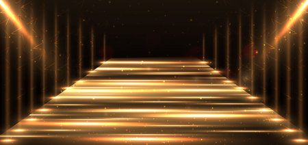 Elegant golden stage horizontal glowing with lighting effect sparkle on black background. Template premium award design. Vector illustrationのイラスト素材