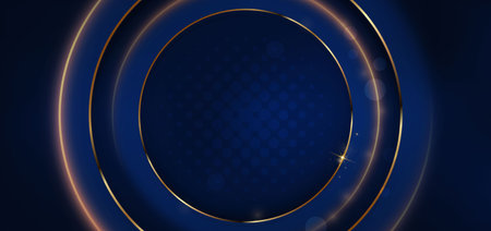 Abstract elegant gold circle lines frame glowing with lighting effect sparkle on dark blue background. Luxury template design. Vector illustrationのイラスト素材