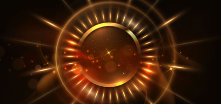 Abstract glowing circle gold lines on dark brown background with lighting effect and sparkle with copy space for text. Luxury design style. Vector illustrationのイラスト素材
