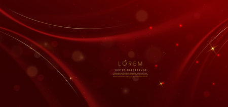 Abstract red elegant background with gold curved lines and ligthing effect and bokeh. Luxury design style. Vector illustrationのイラスト素材